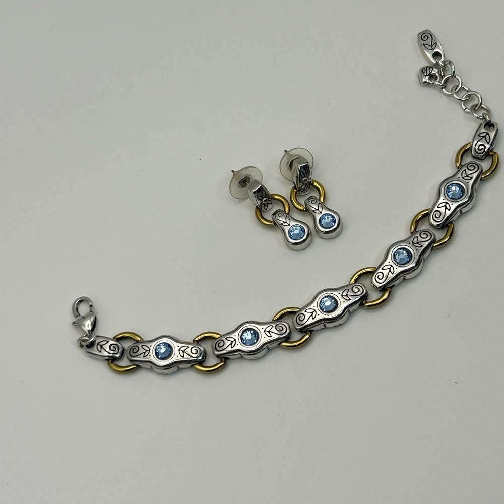 Brighton Celestial Blue Bracelet & Earrings Set Blue Crystals Two-tone Links - Picture 13 of 13